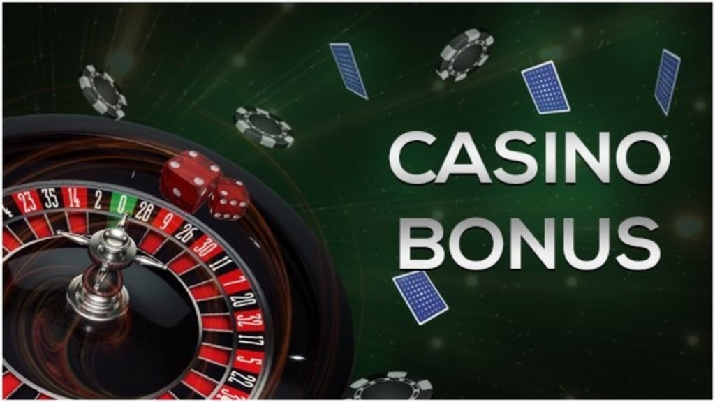 Casino bonus, rouletthjul, tärningar, spelmarker och spelkort